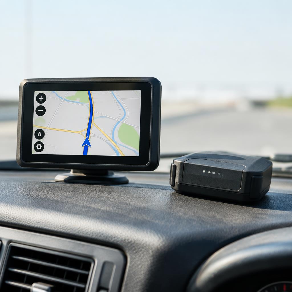 Xe tải chuyển nhà đang di chuyển trên đường, có biểu tượng GPS hiển thị vị trí trên bản đồ.