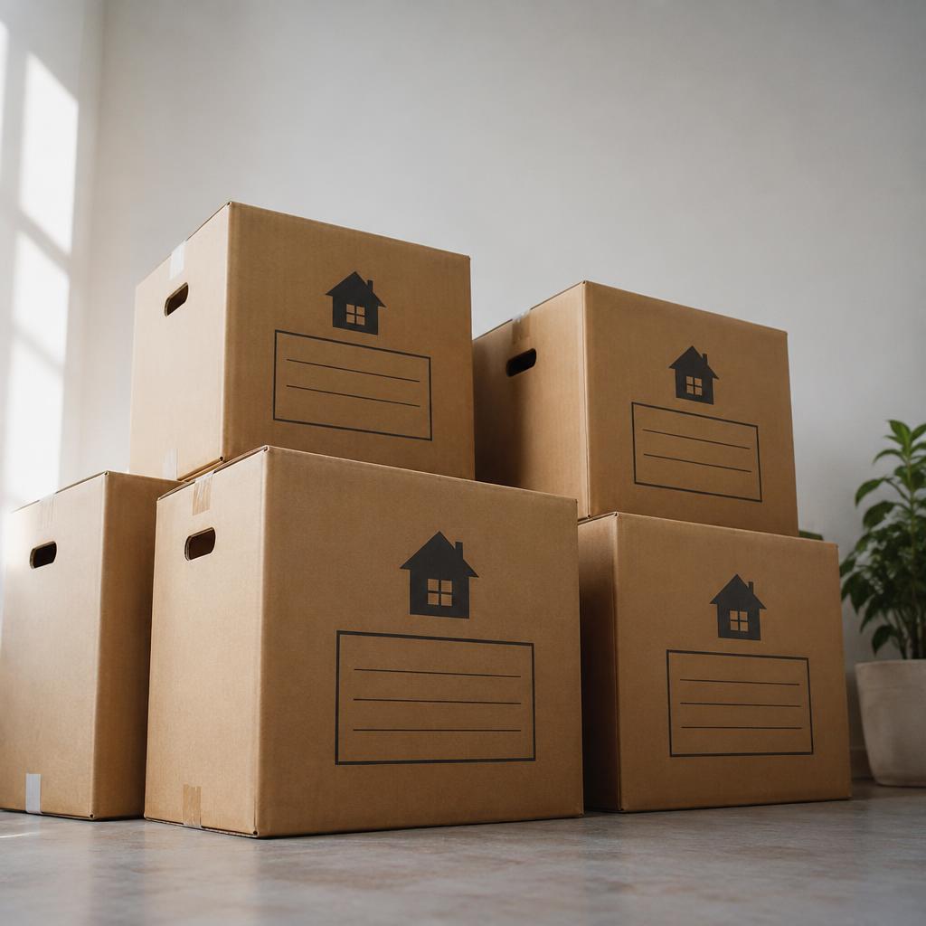 Các hộp carton được đóng gói cẩn thận và xếp chồng lên nhau trong một căn phòng, sẵn sàng cho việc chuyển nhà.