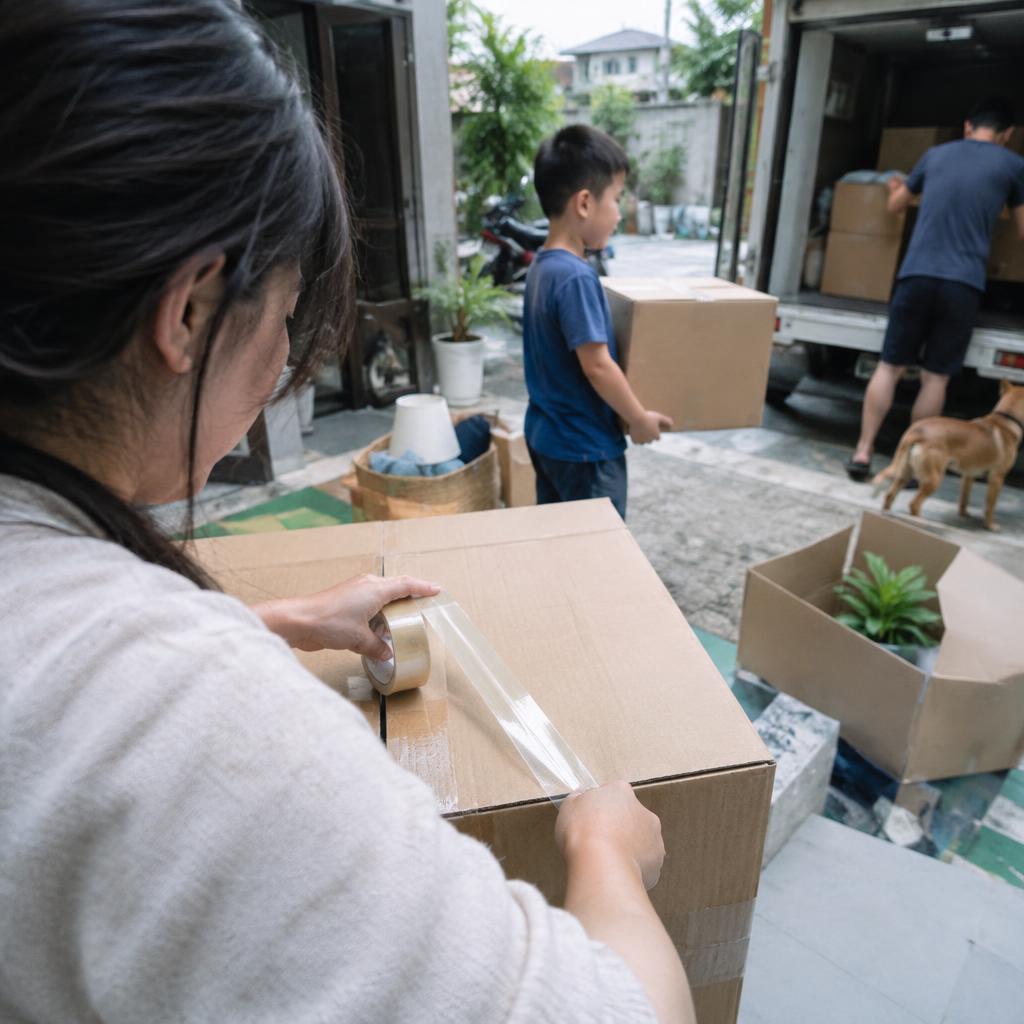Gia đình đóng gói đồ đạc vào thùng carton chuẩn bị chuyển nhà