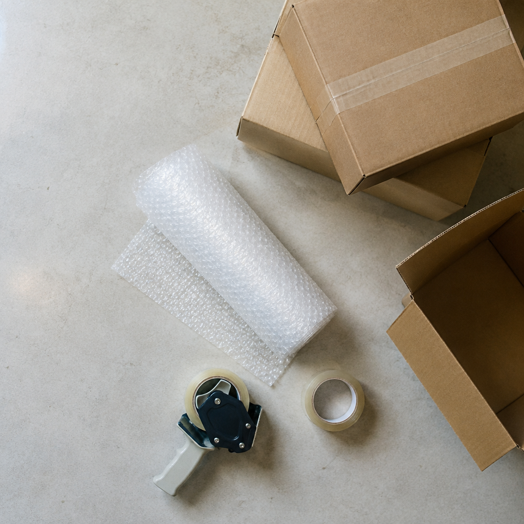 Các vật liệu cần thiết để đóng gói đồ đạc khi chuyển nhà bao gồm thùng carton, băng dính và màng bọc