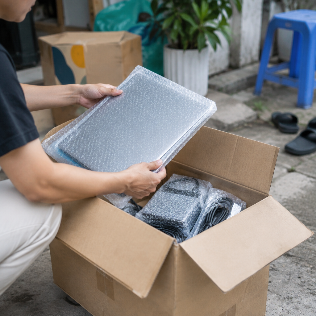 Thiết bị điện tử được đóng gói cẩn thận bằng màng xốp hơi và thùng carton chuyên dụng