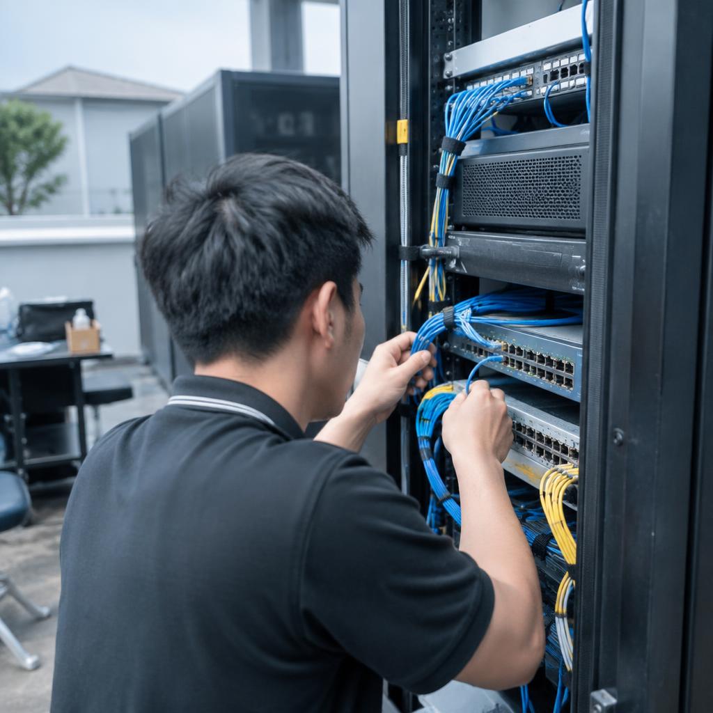 Chuyên gia đang lắp đặt và kiểm tra hệ thống máy chủ tại văn phòng mới, đảm bảo tính liên tục của hoạt động kinh doanh.