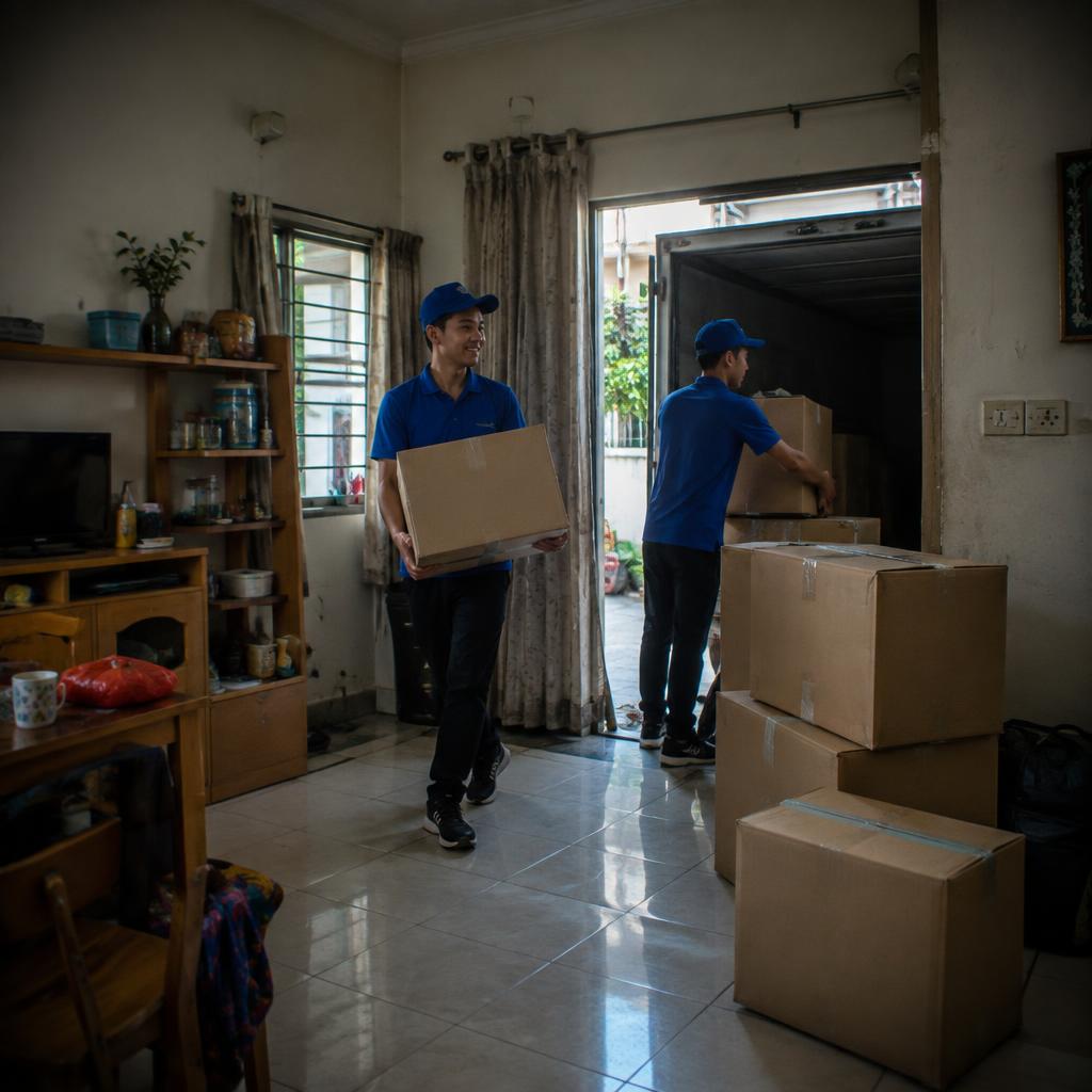 Đội ngũ bốc xếp chuyên nghiệp đang di chuyển hộp đồ đạc lên xe tải, thể hiện chất lượng dịch vụ bốc xếp