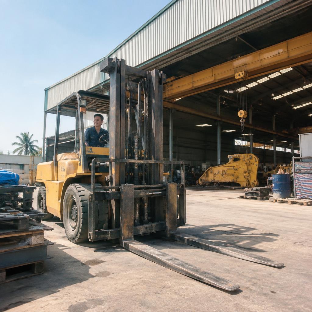 Công nhân sử dụng xe nâng hiện đại để bốc xếp hàng hóa trong nhà kho, minh họa trang thiết bị hỗ trợ bốc xếp