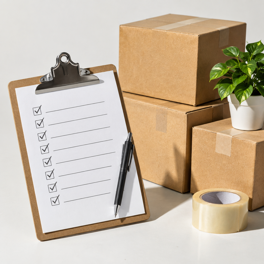 Người phụ nữ trẻ đang kiểm tra checklist chuyển nhà trên điện thoại thông minh, xung quanh là các hộp carton và đồ đạc sẵn sàng di chuyển, thể hiện sự chuẩn bị cho chuyển nhà lần đầu 2026.