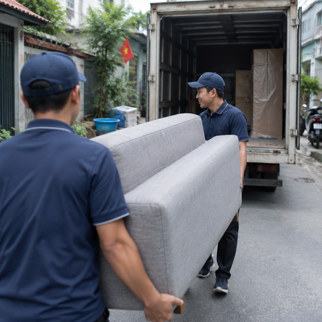 Nhân viên của dịch vụ chuyển nhà chuyên nghiệp đang cẩn thận bọc đồ nội thất bằng màng bọc co, với xe tải chuyển đồ ở phía sau, minh họa cho dịch vụ chuyển nhà lần đầu 2026.