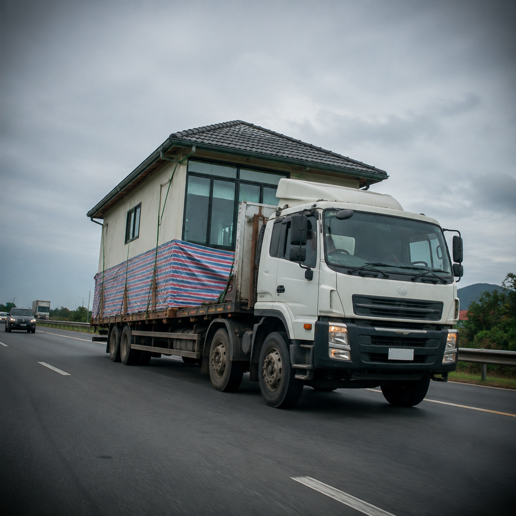 Xe tải chuyển nhà liên tỉnh đang di chuyển trên đường cao tốc ở Việt Nam