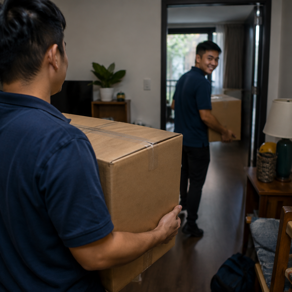 Đội ngũ nhân viên đang cẩn thận vận chuyển thùng đồ vào ngôi nhà mới