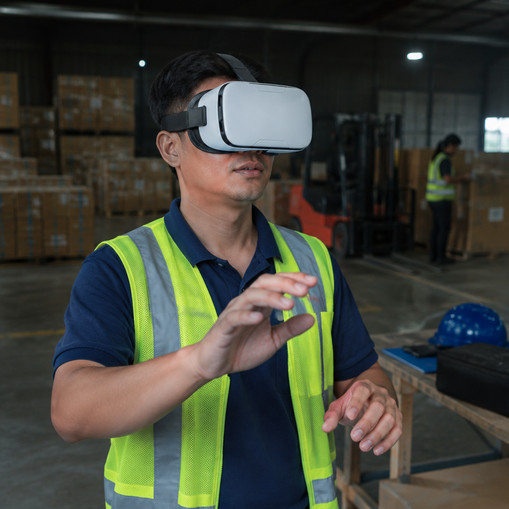 Nhân viên logistics đang đào tạo kỹ năng với kính thực tế ảo, ứng dụng công nghệ chuyển nhà 2026