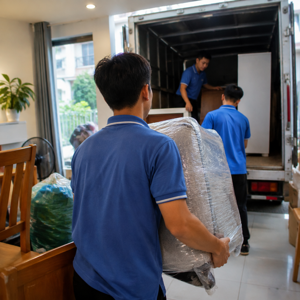 Hình ảnh nhân viên công ty chuyển nhà uy tín Hà Nội đang bốc xếp đồ đạc cẩn thận lên xe tải chuyên dụng