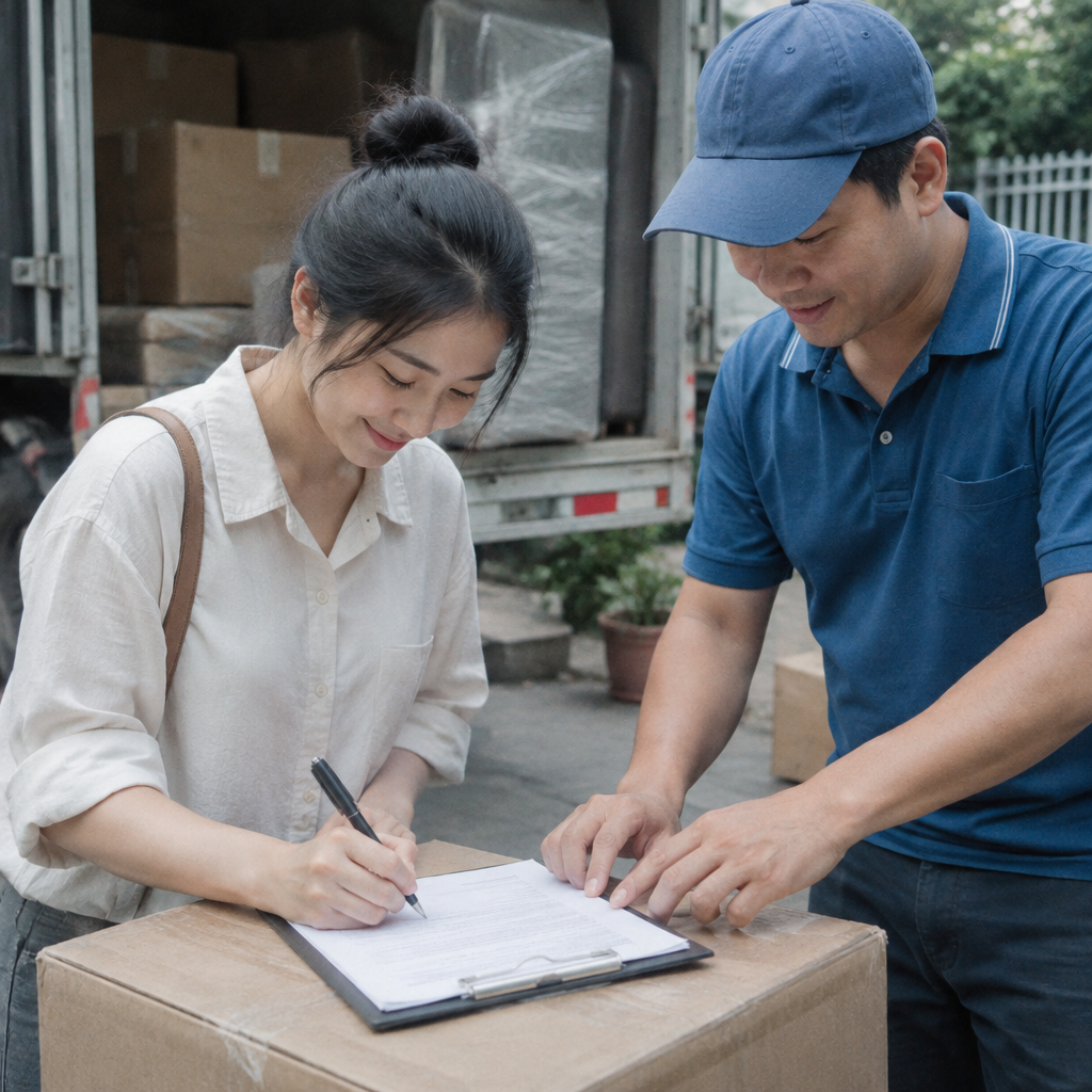 Một khách hàng đang xem xét và ký hợp đồng với đại diện công ty chuyển nhà