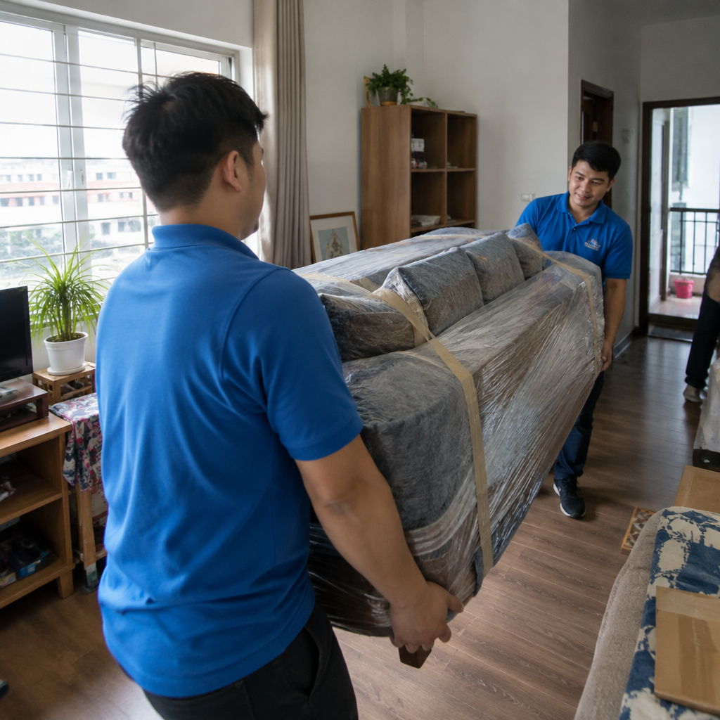 Đội ngũ nhân viên bốc xếp hàng hóa chuyên nghiệp đang di chuyển đồ đạc cồng kềnh