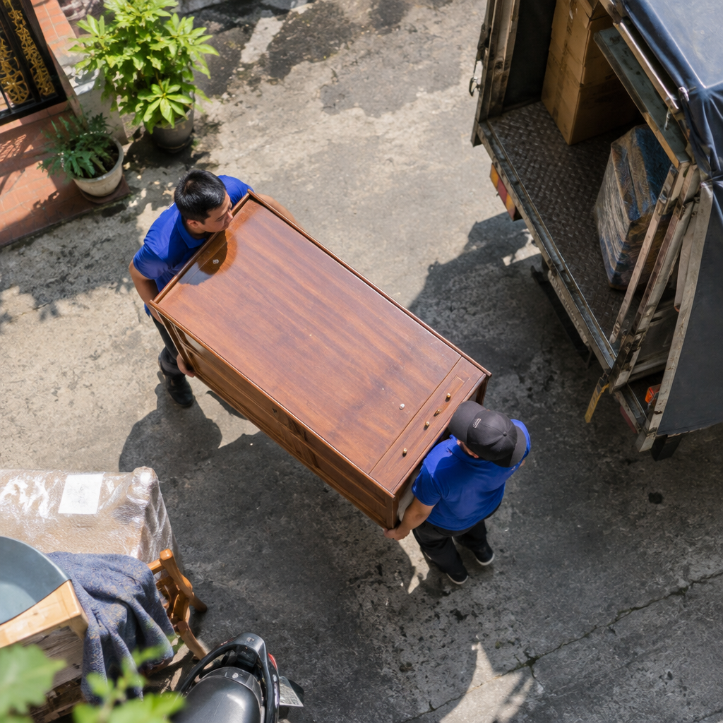Nhân viên Kiến Vàng Miền Bắc cẩn thận bốc xếp một tủ gỗ lớn