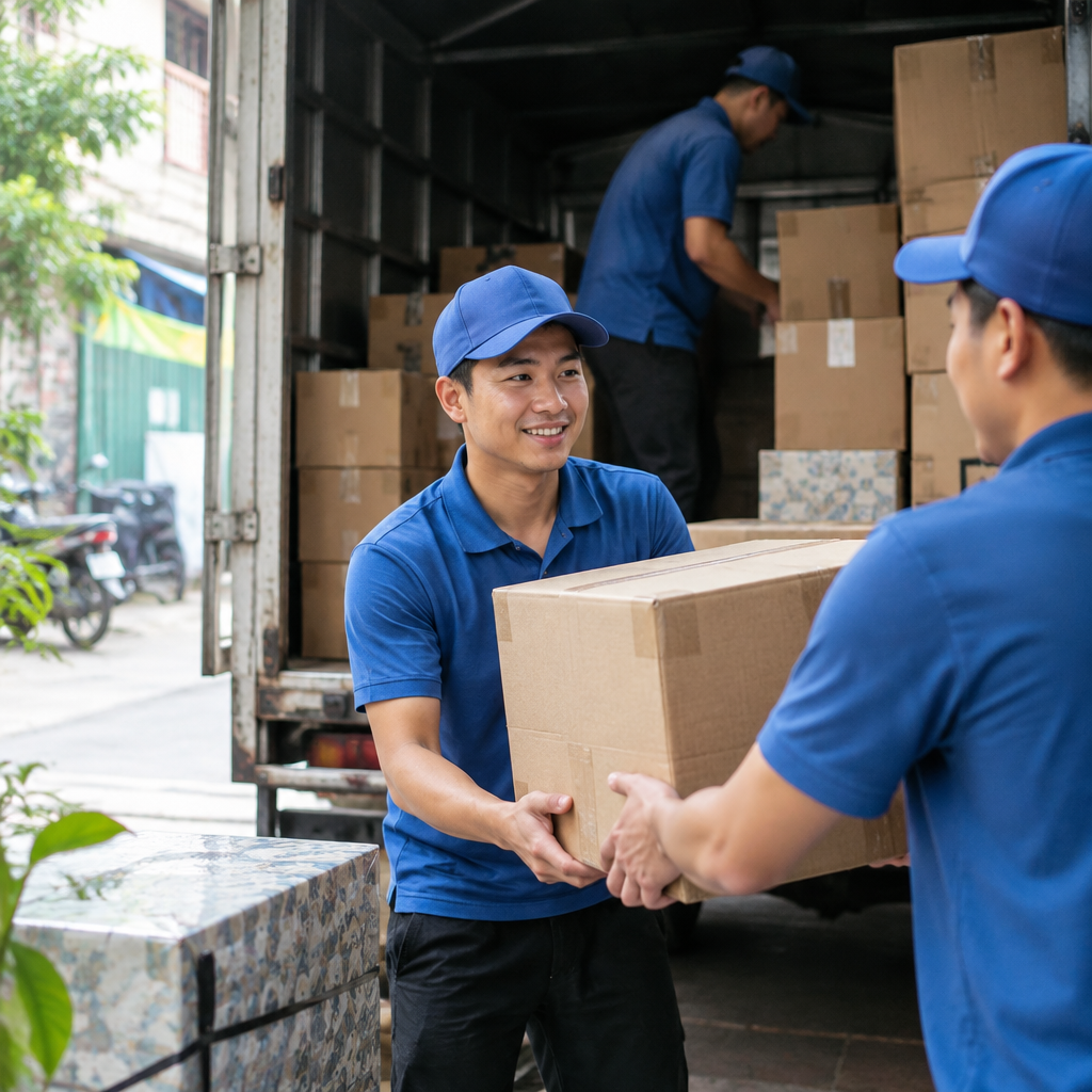 Hàng hóa được bốc xếp gọn gàng trên xe tải