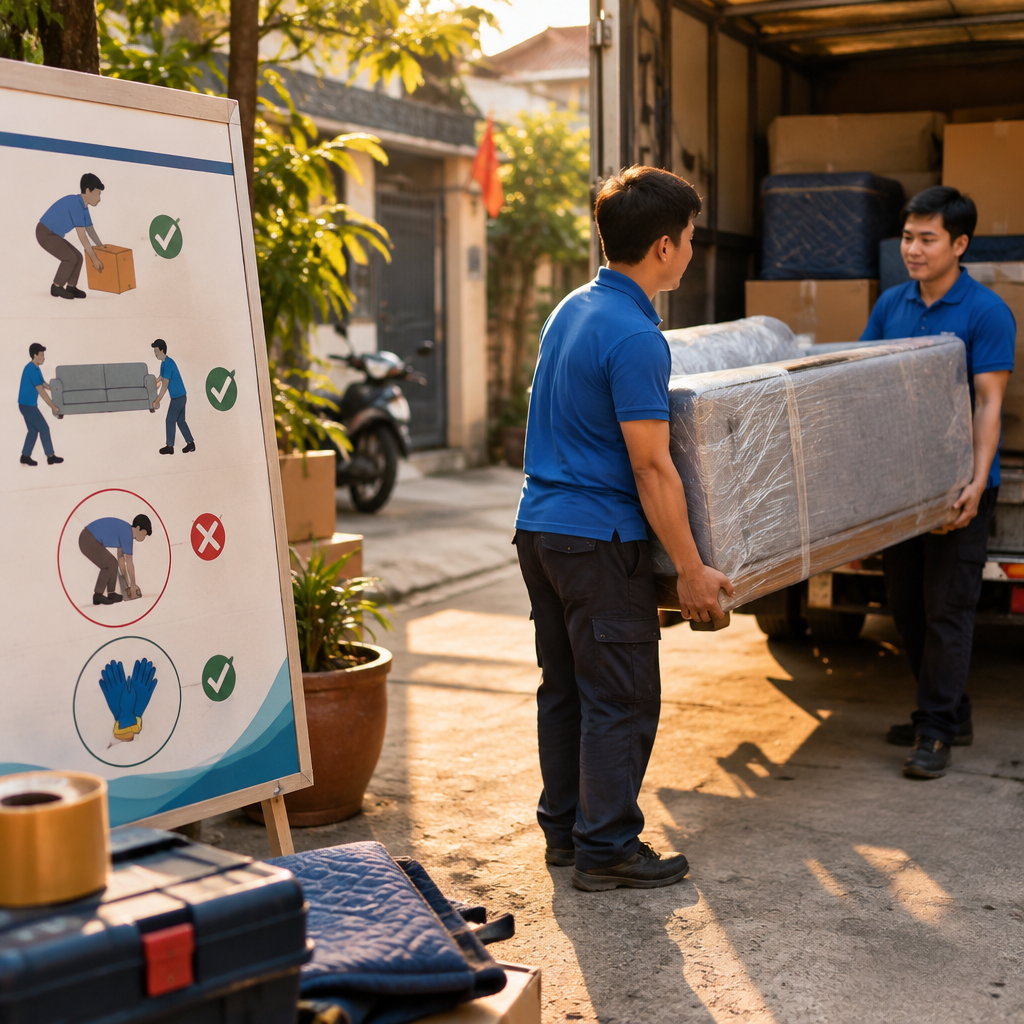 Người bốc xếp đang đeo găng tay và di chuyển hàng hóa một cách an toàn