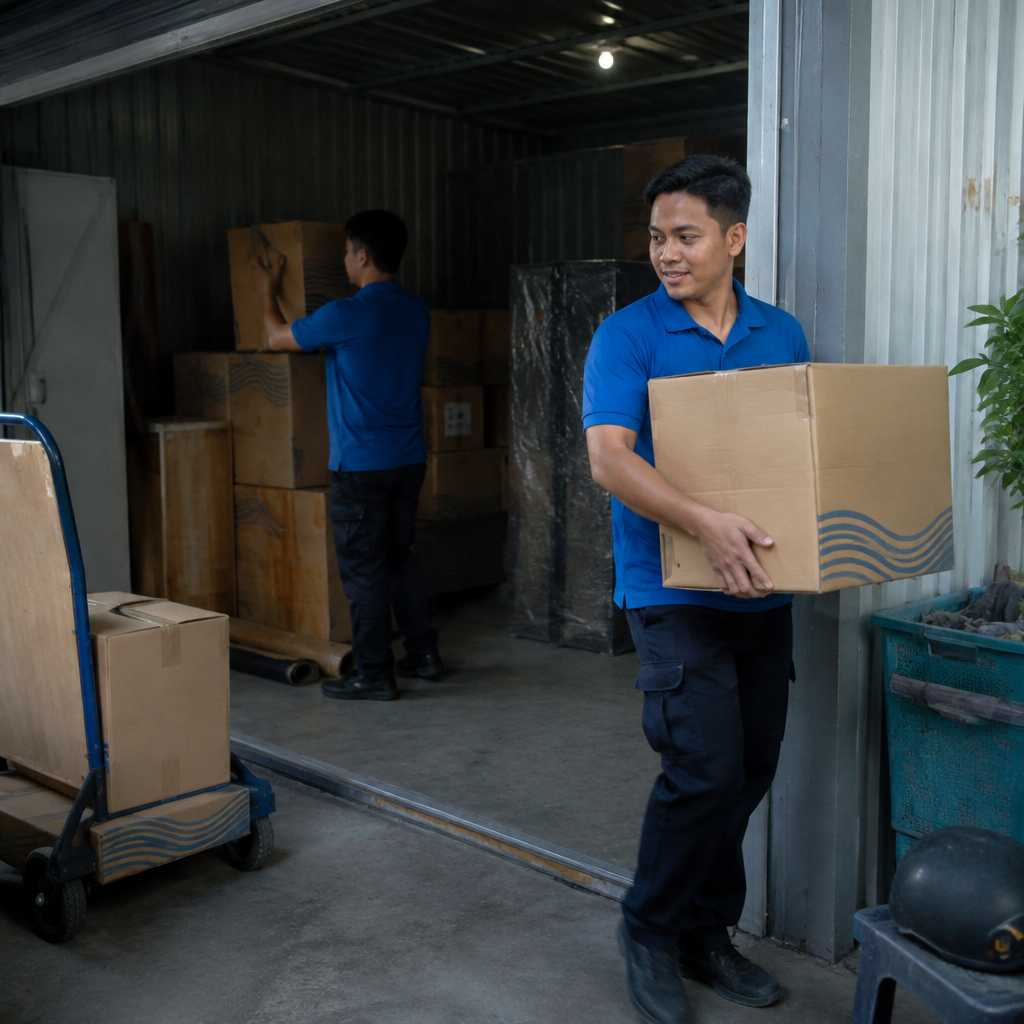 Đội ngũ bốc xếp đang vận chuyển thùng hàng vào kho lưu trữ