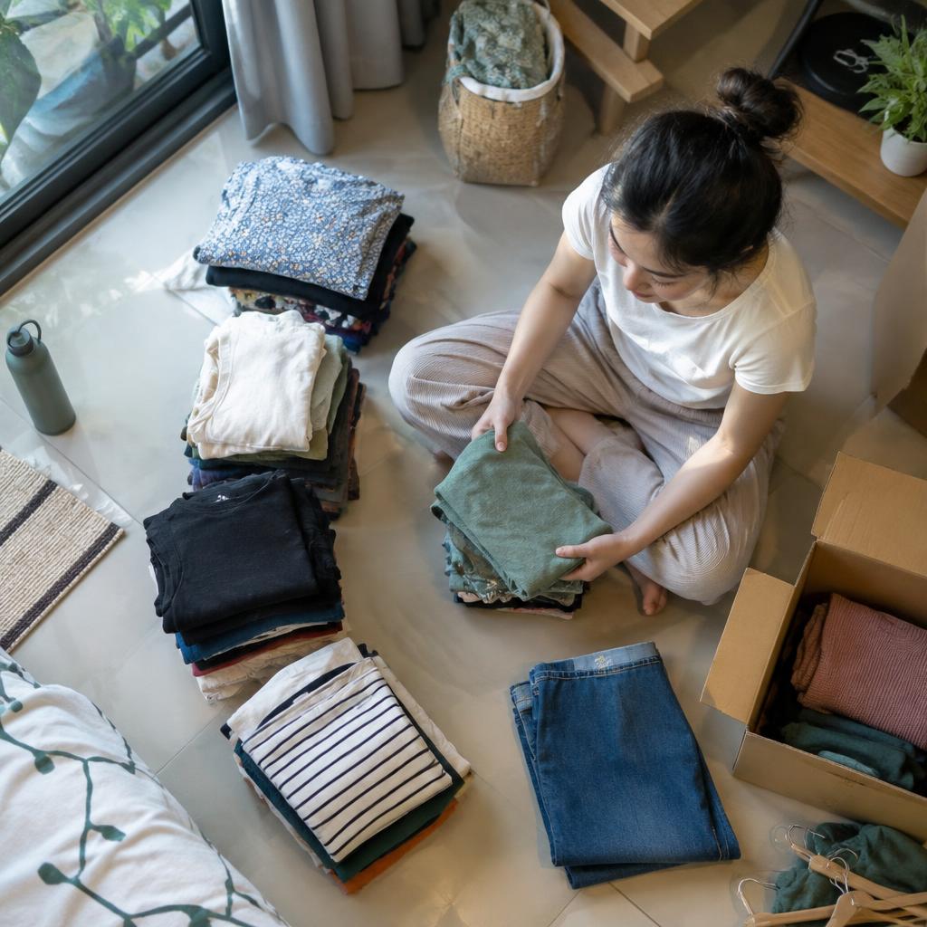 Người phụ nữ đang sắp xếp quần áo theo phương pháp KonMari trên giường