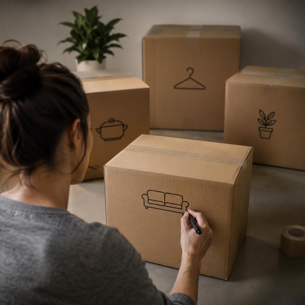 Những thùng carton được dán nhãn các loại đồ đạc cần giữ lại, quyên góp, bán hoặc bỏ đi