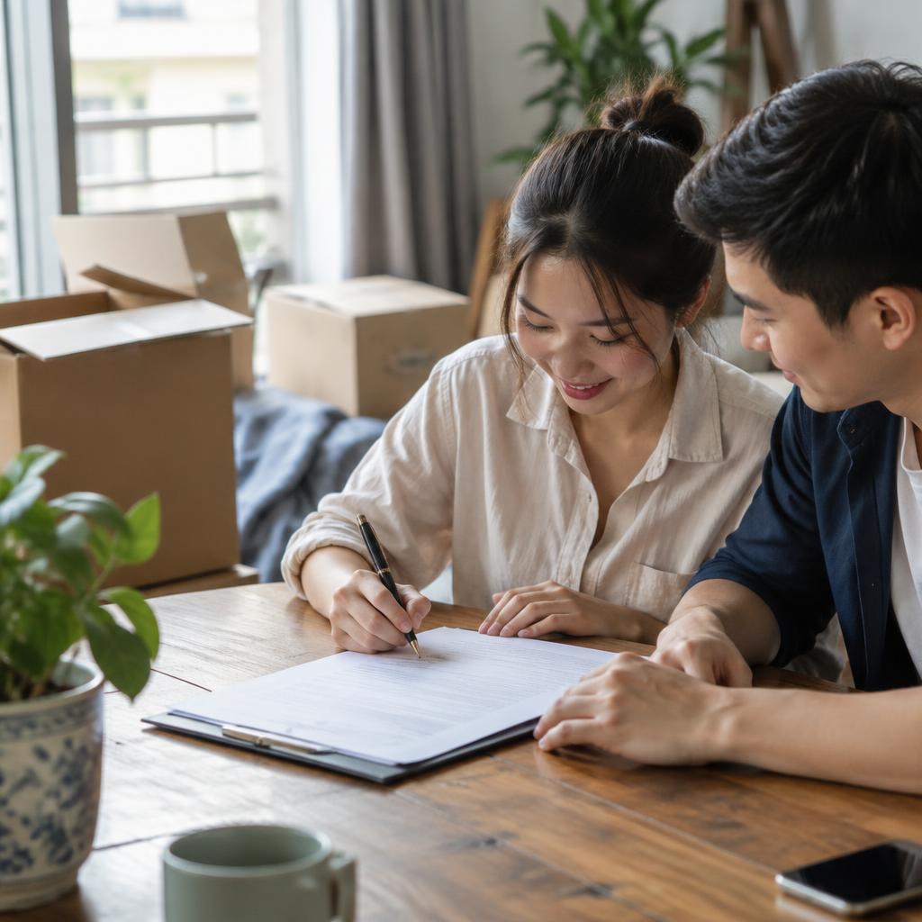 Hai người đang ký kết hợp đồng chuyển nhà trọn gói trên bàn làm việc