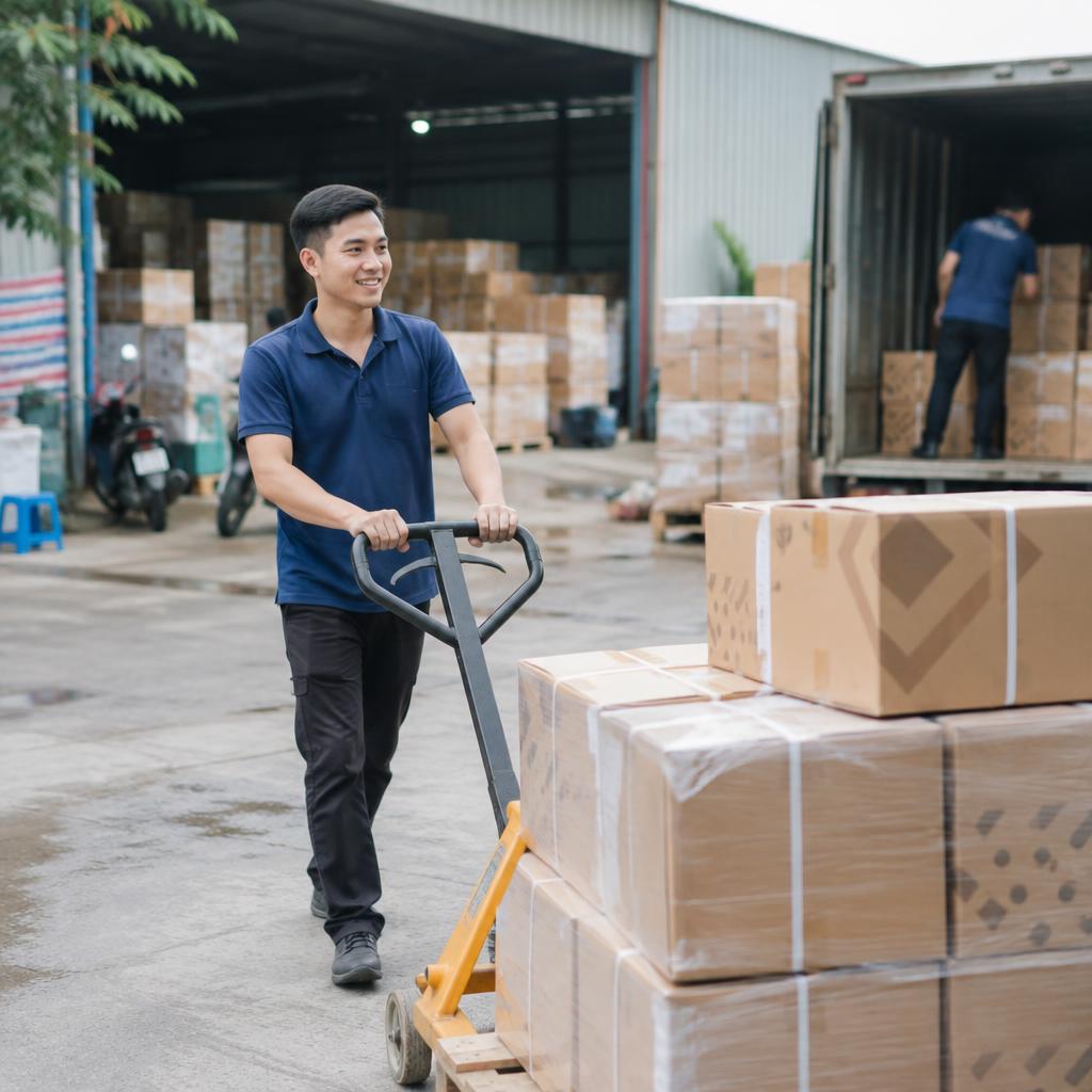 Nhiều thùng carton đựng đồ chuyển nhà được sắp xếp gọn gàng trong kho
