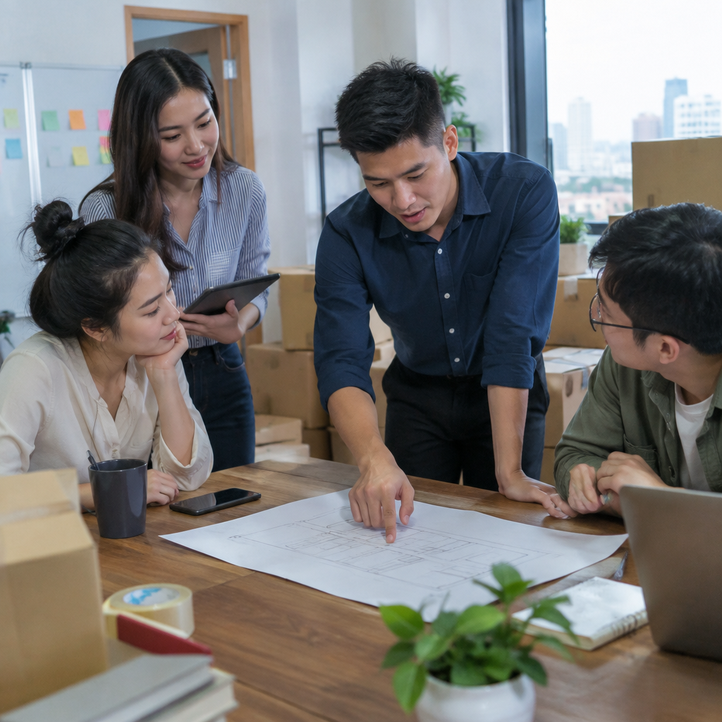 Đội ngũ đang thảo luận kế hoạch chuyển văn phòng mới, đây là một phần quan trọng trong hướng dẫn chuyển văn phòng cho người mới.