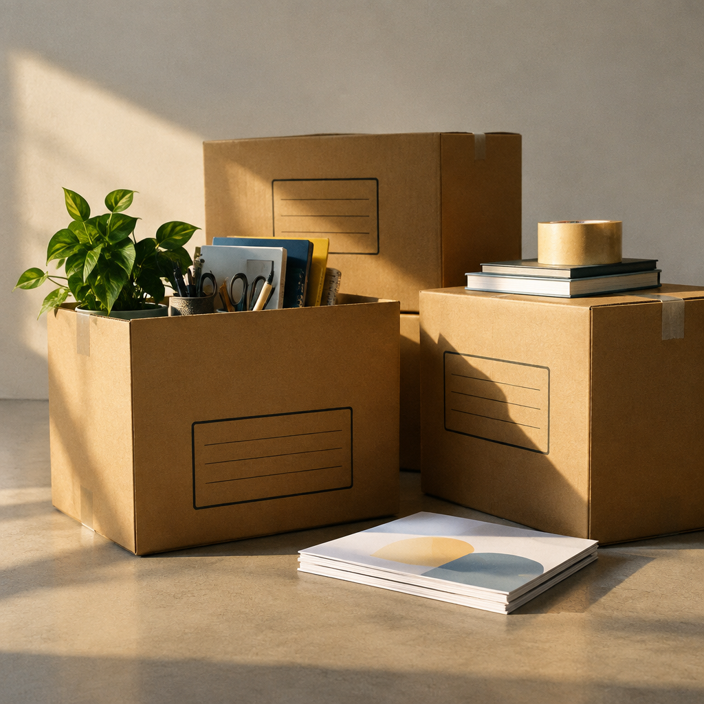 Các thùng carton được dán nhãn cẩn thận, chứa đồ đạc văn phòng.