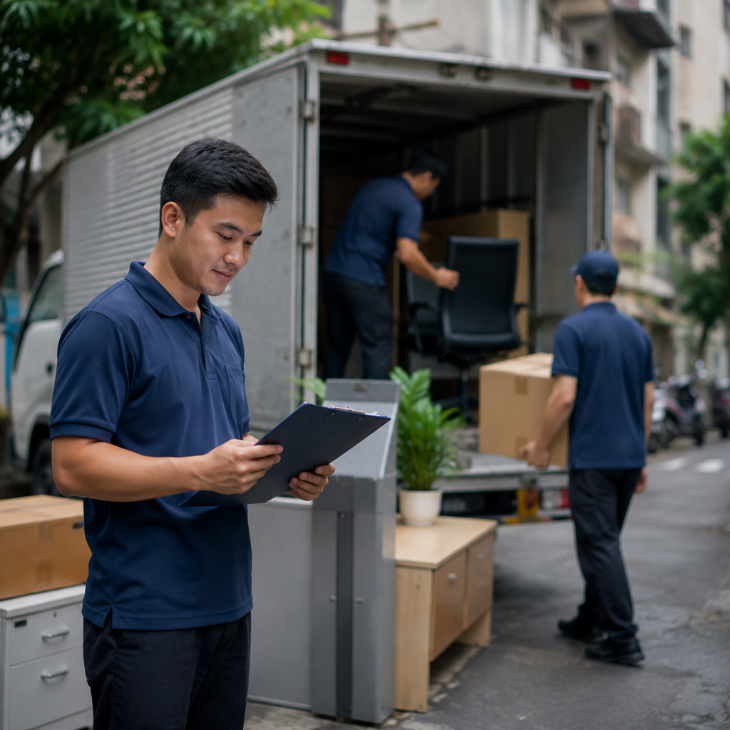 Xe tải đang vận chuyển đồ đạc văn phòng lớn một cách an toàn.