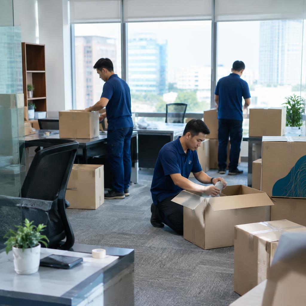 Nhân viên công ty chuyển nhà chuyên nghiệp đang di chuyển đồ đạc văn phòng lớn