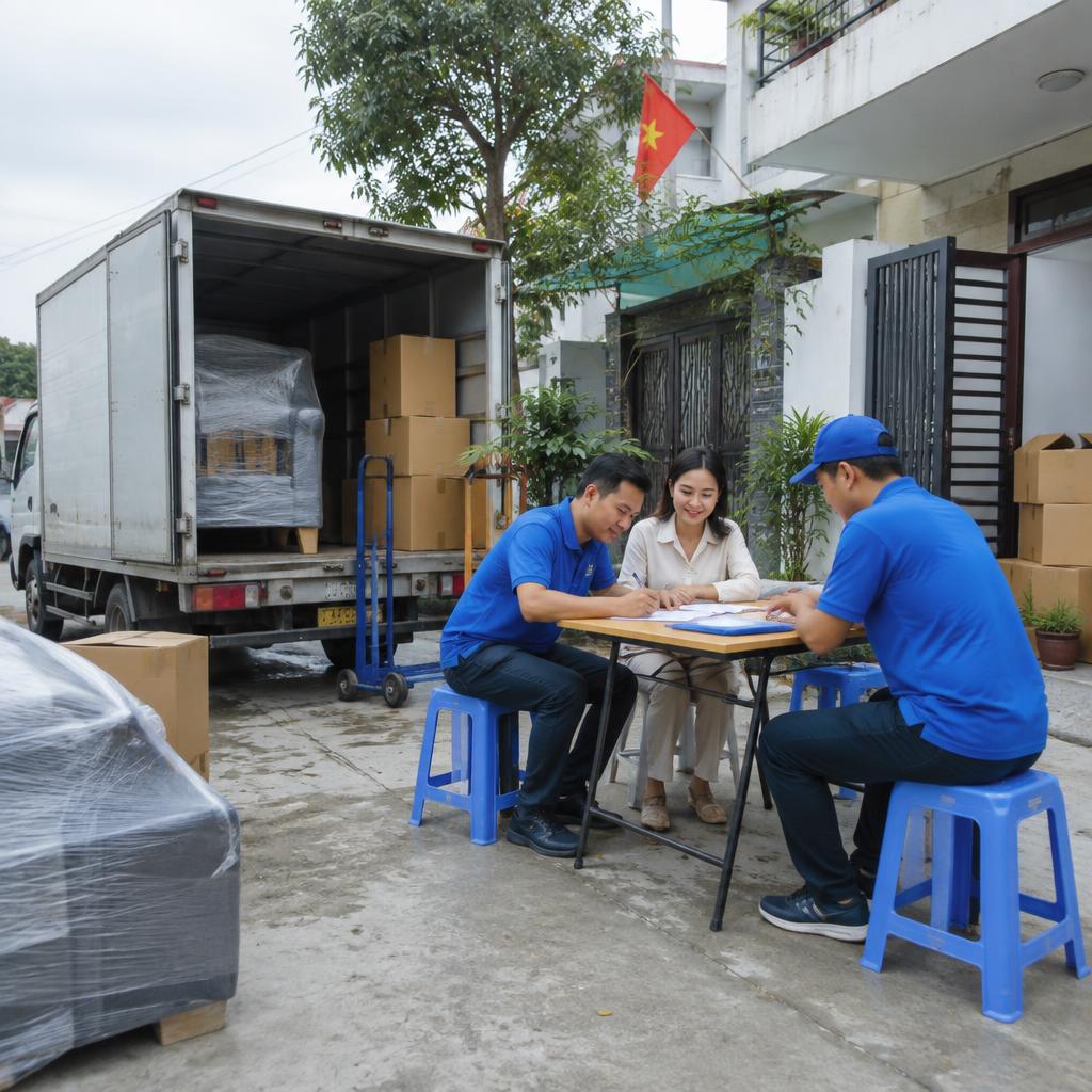 Hai người đang ký kết hợp đồng dịch vụ chuyển nhà trên bàn họp