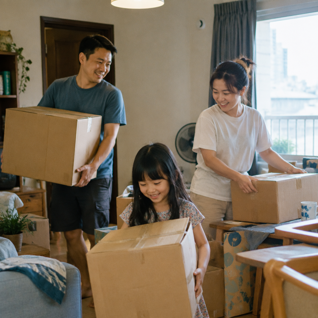 Gia đình trẻ đang cùng nhau đóng gói đồ đạc chuẩn bị chuyển nhà, thể hiện sự quan tâm đến lưu ý khi chuyển nhà 2026