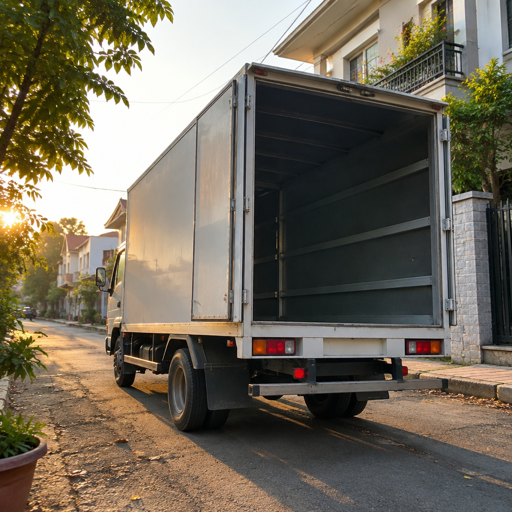 Chiếc xe tải lớn màu xanh đang di chuyển trên đường vào một ngày nắng đẹp