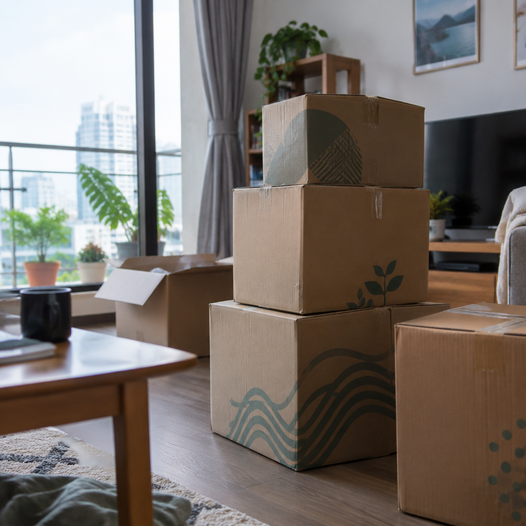 Các thùng carton được dán nhãn rõ ràng đang chờ được sắp xếp trong căn hộ mới