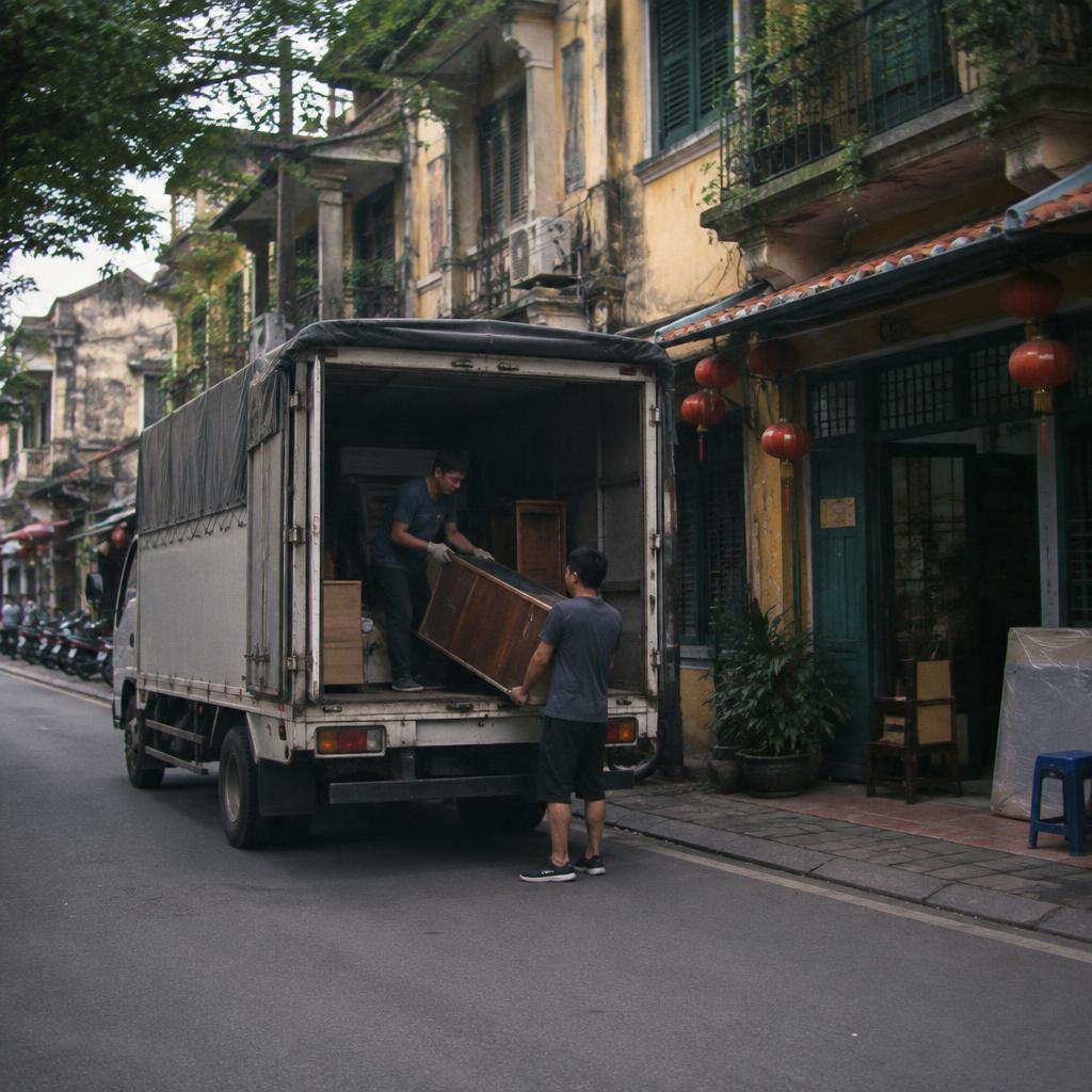 Xe tải chuyển nhà nhỏ gọn đang di chuyển qua con phố cổ Hà Nội