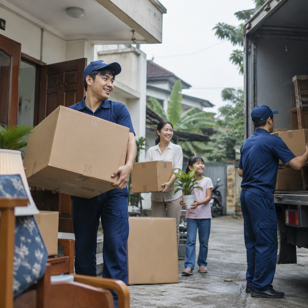 Gia đình trẻ đang phân loại đồ đạc chuẩn bị chuyển nhà, minh họa đối tượng phù hợp với dịch vụ