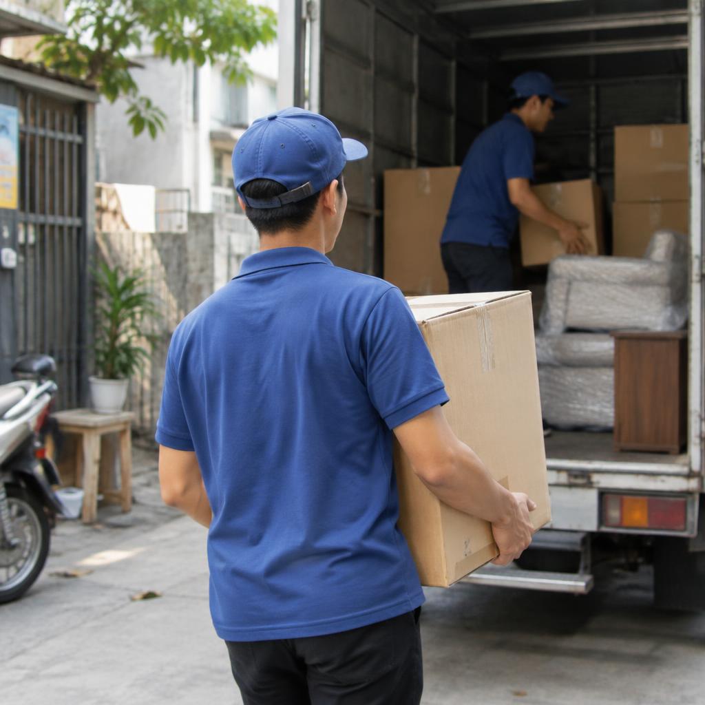 Đội ngũ nhân viên công ty chuyển nhà lớn đang bốc xếp đồ đạc lên xe tải chuyên dụng