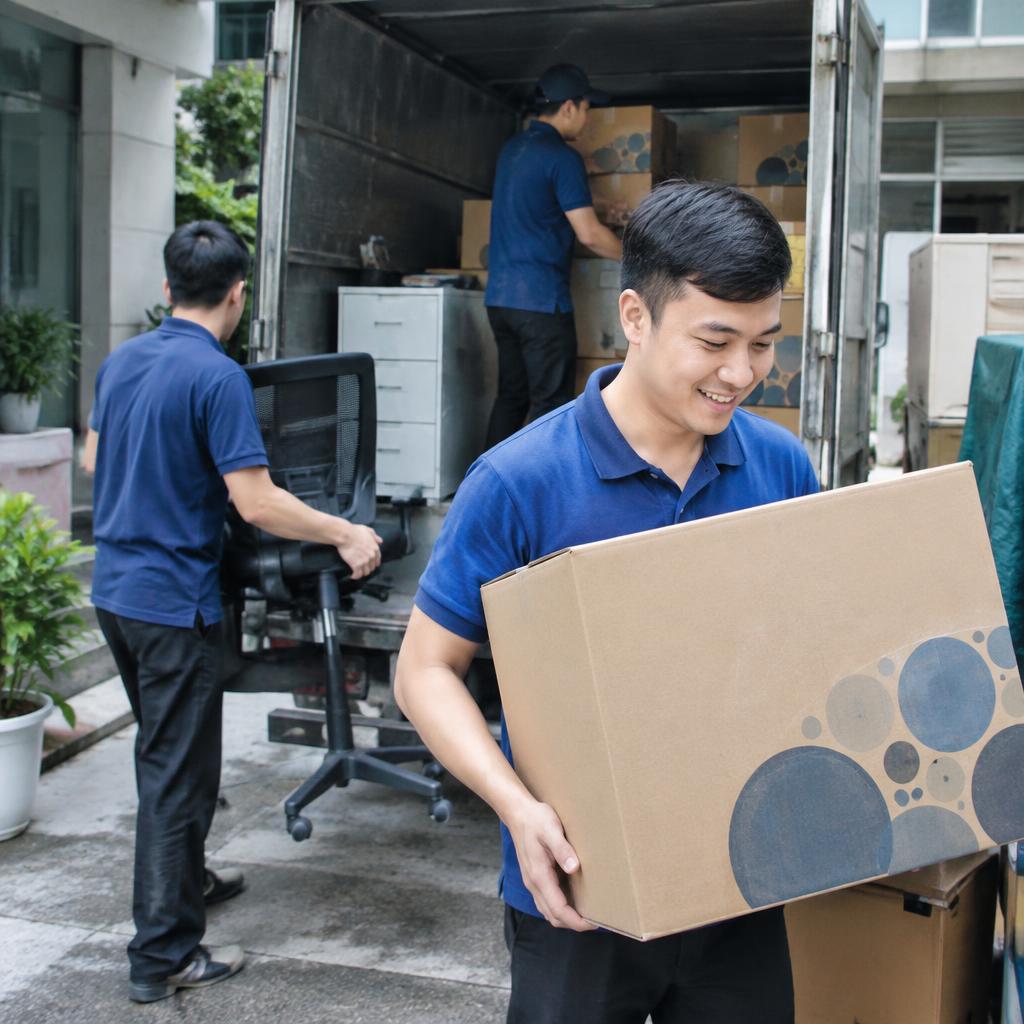 Đội ngũ nhân viên đang cẩn thận đóng gói tài liệu và thiết bị văn phòng vào thùng carton chuyên dụng