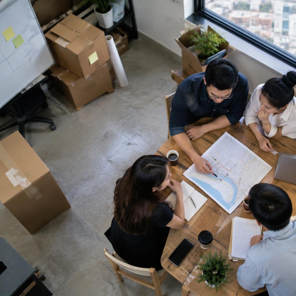 Một nhóm người đang thảo luận và lập kế hoạch cho việc chuyển văn phòng mới, với sơ đồ bố trí trên bàn