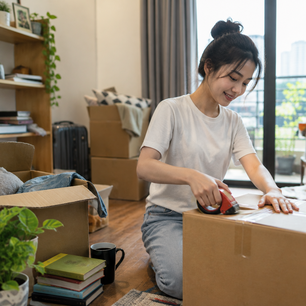 Người phụ nữ đang đóng gói sách và đồ dùng vào thùng carton để chuyển nhà