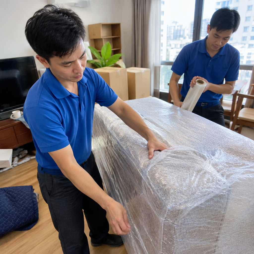 Đội ngũ chuyển nhà chuyên nghiệp đang đóng gói đồ nội thất cẩn thận