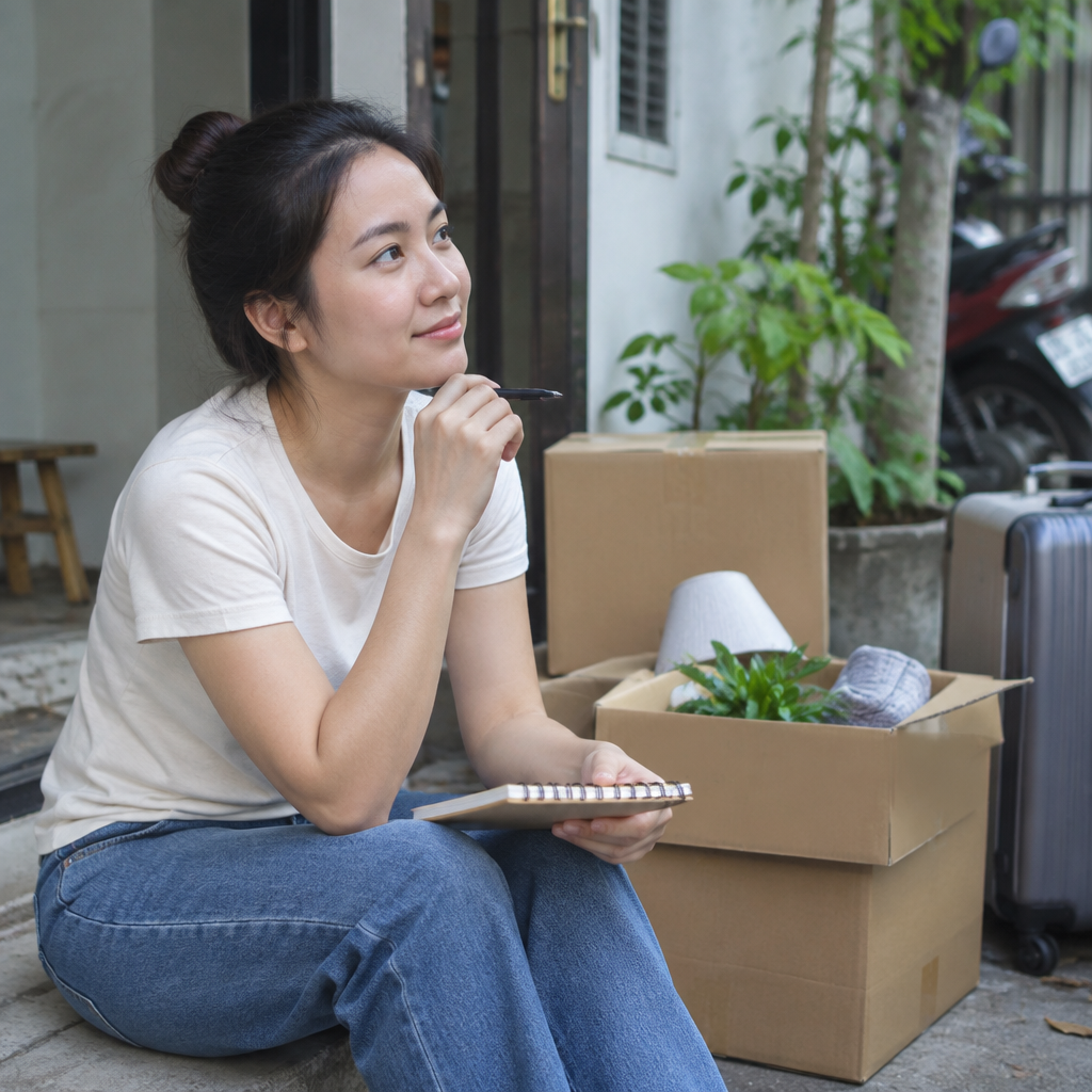 Người phụ nữ đang suy nghĩ về các lựa chọn chuyển nhà, một bên là tự đóng gói, một bên là thuê dịch vụ