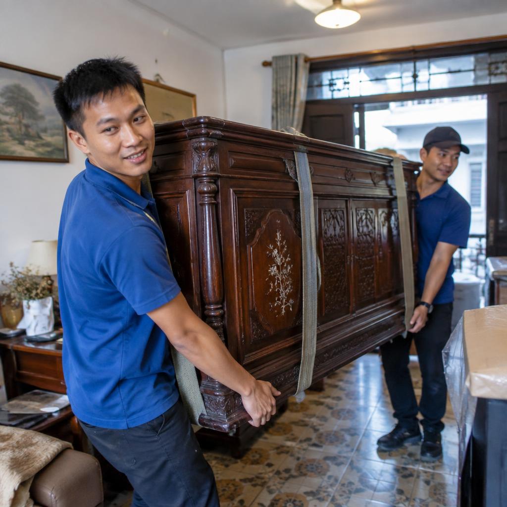 Chuyên gia đang cẩn thận vận chuyển một chiếc tủ cổ trong quá trình chuyển nhà