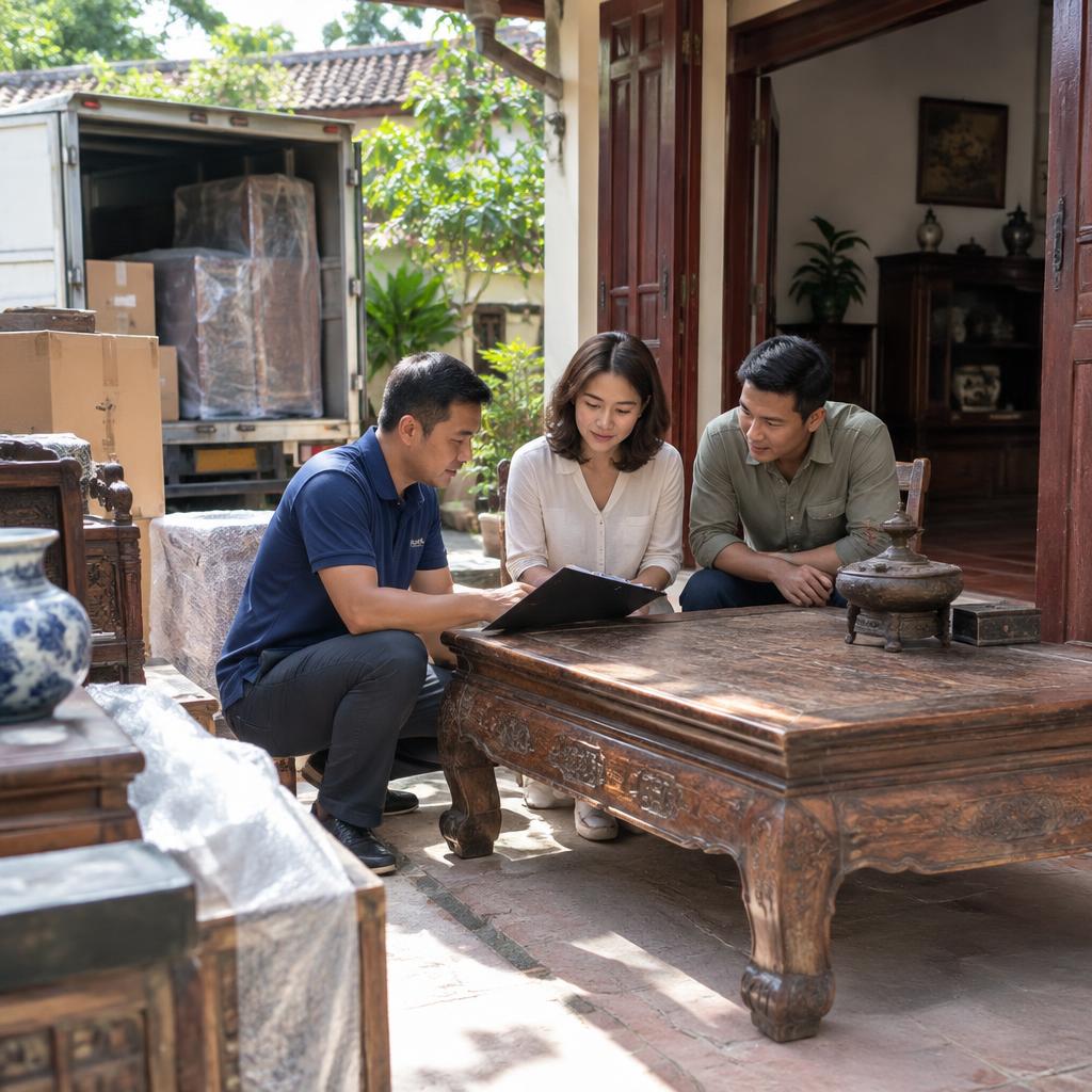 Một chuyên gia đang giải thích chi tiết quy trình báo giá dịch vụ chuyển nhà cho khách hàng