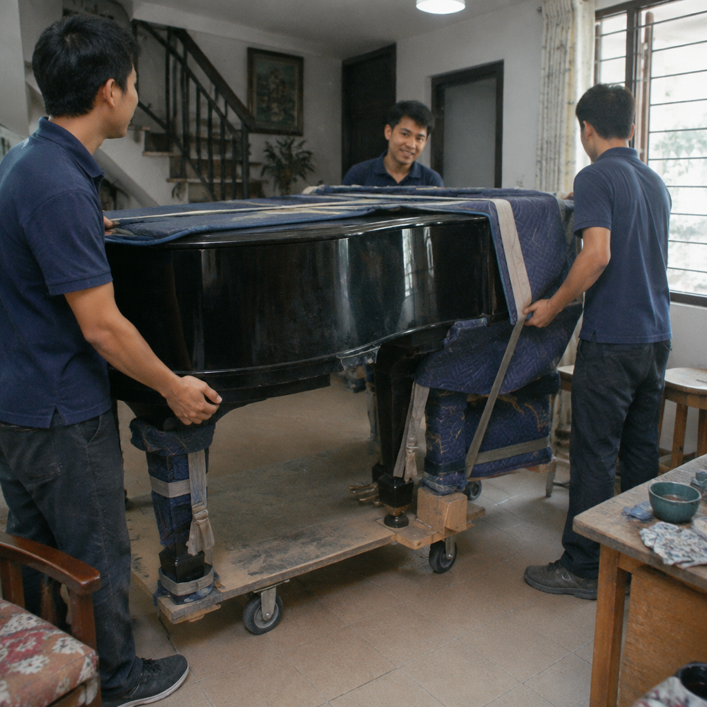 Đội ngũ chuyên gia đang cẩn thận di chuyển một cây đàn piano lớn qua cửa ra vào