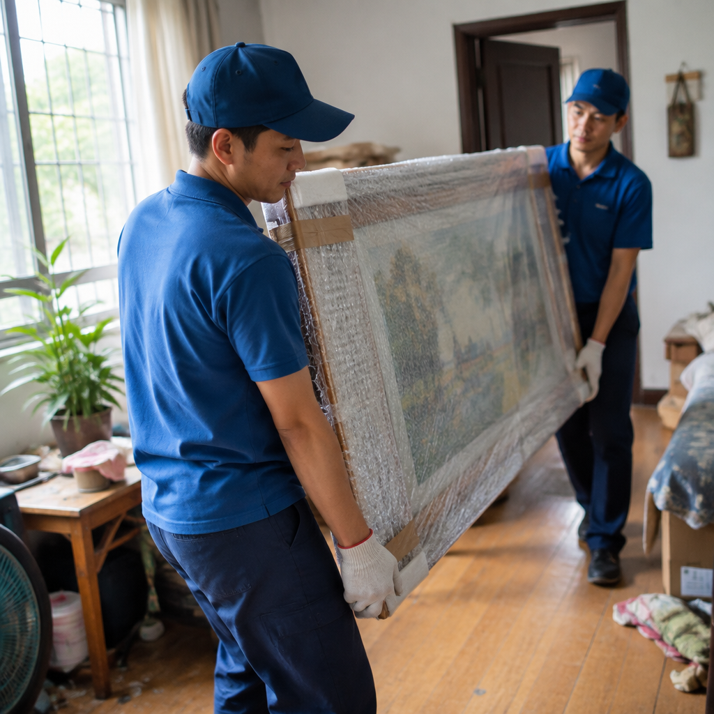Xe tải đang vận chuyển đồ đạc lớn dễ vỡ, được bọc gói cẩn thận