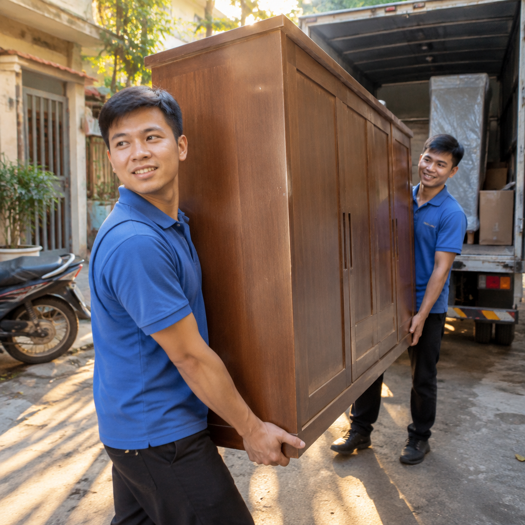 Nhân viên sử dụng xe đẩy chuyên dụng để di chuyển tủ lạnh lớn