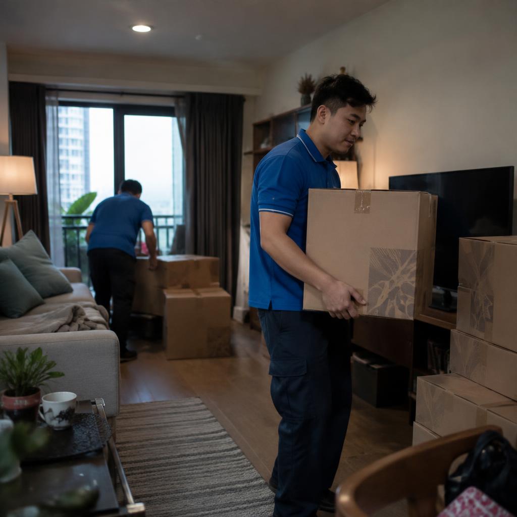 Các thùng carton được đóng gói cẩn thận trong phòng khách, một trong các yếu tố ảnh hưởng giá chuyển nhà trọn gói