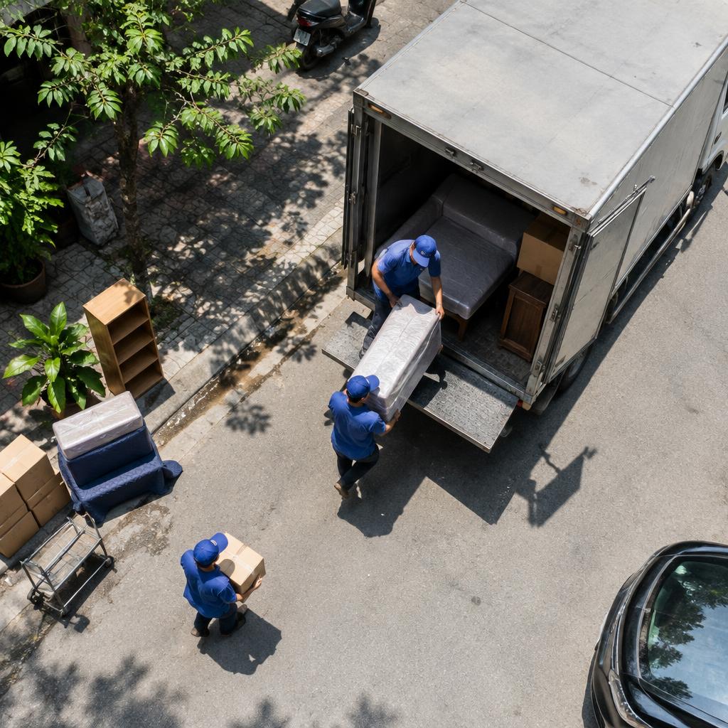 Đội xe tải chuyên nghiệp và nhân viên đang thực hiện vận chuyển đồ đạc