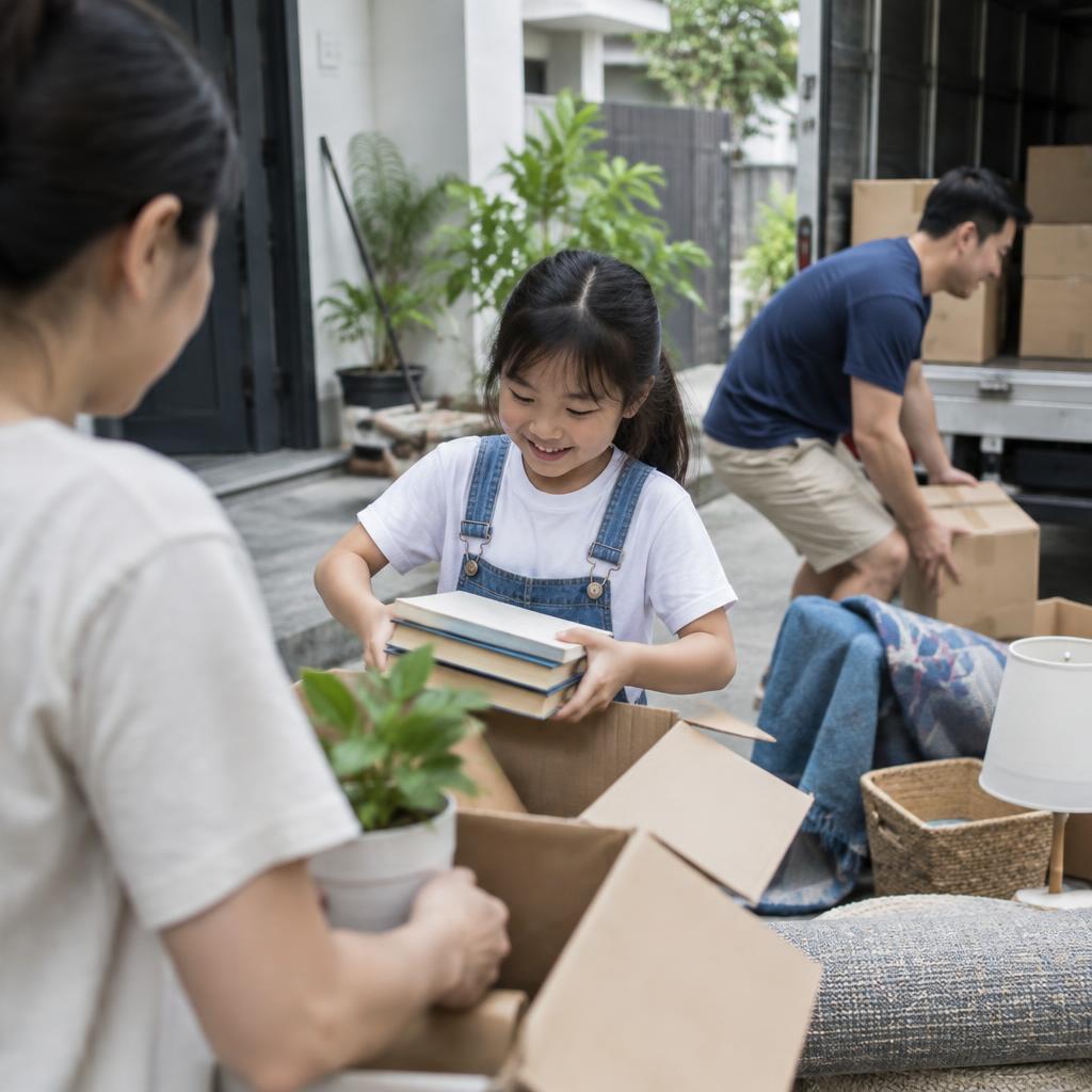 Gia đình đang tự tay đóng gói đồ đạc vào thùng carton, giúp tiết kiệm chi phí chuyển nhà