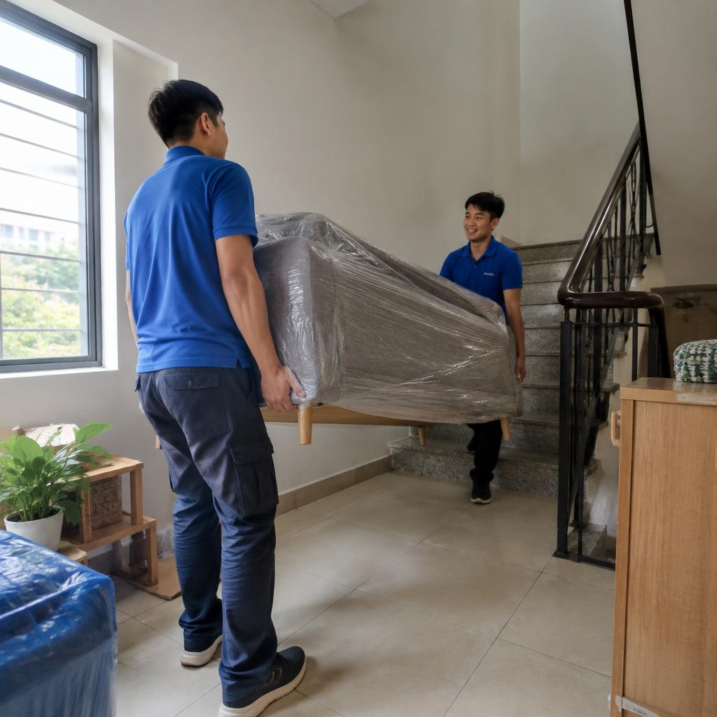 Đội ngũ bốc xếp chuyên nghiệp di chuyển đồ đạc bên trong tòa nhà một cách cẩn thận