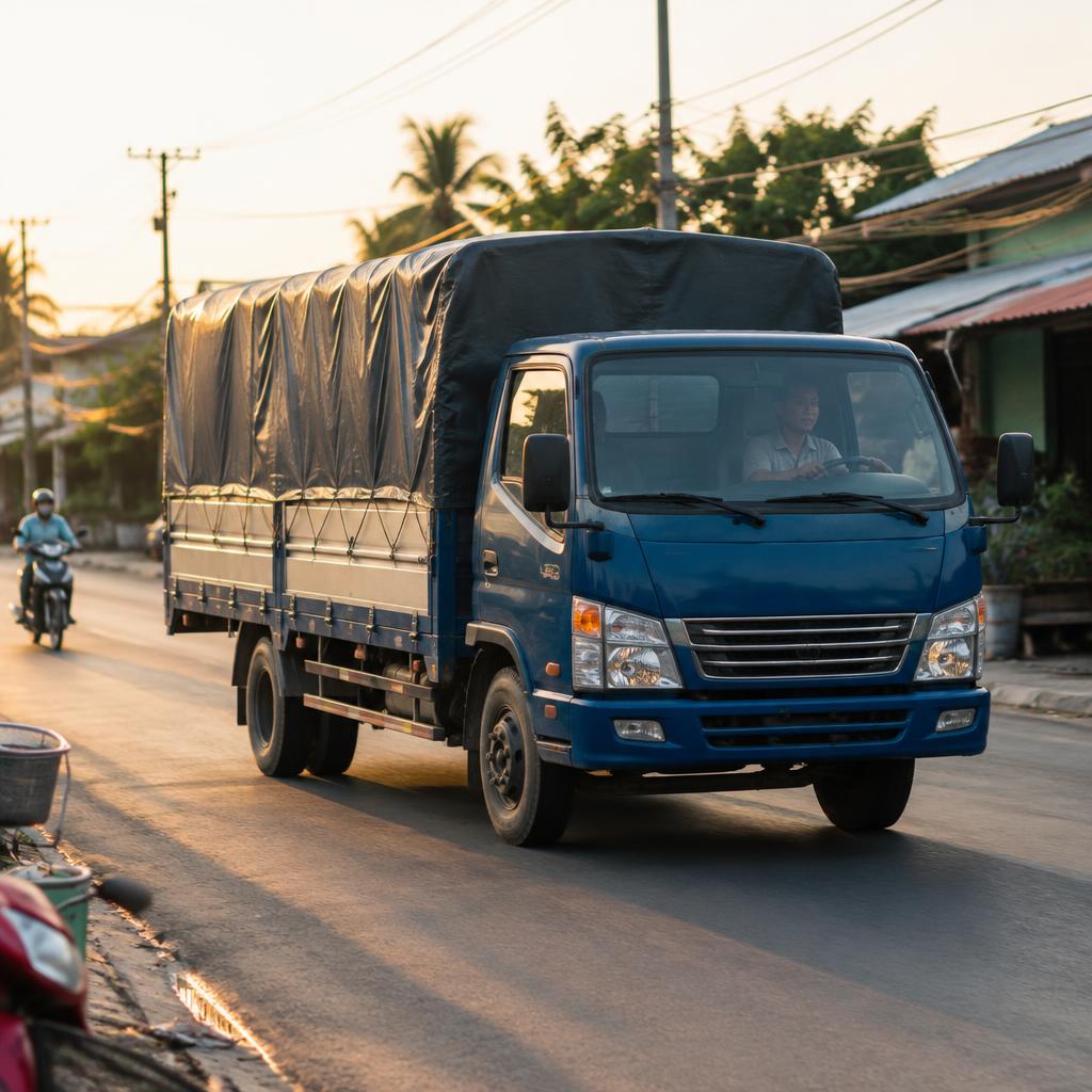 Xe taxi tải loại trung bình đang chở đồ đạc qua khu dân cư